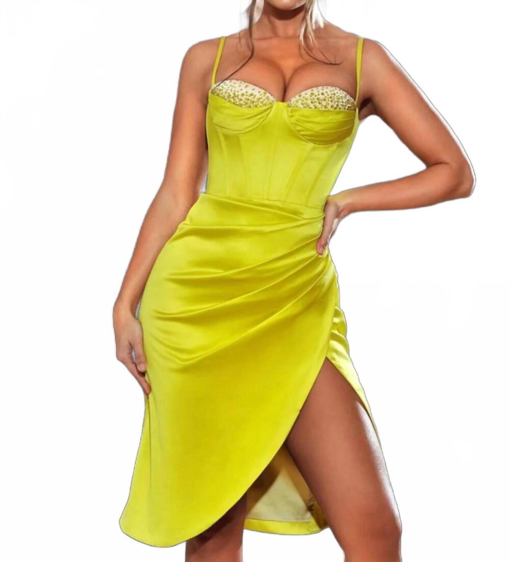 NEW MISS CIRCLE lyla satin corset dress with crystals in lemon